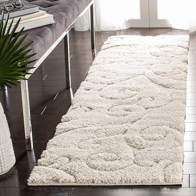 SAFAVIEH Florida Shag Collection Runner Rug - 2'3" x 19', Creme & Creme, Scroll Design, Non-Shedding & Easy Care, 1.2-inch Thick Ideal for High Traffic Areas in Living Room, Bedroom (SG455-1111)