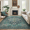 GENIMO 3x5 Area Rugs for Living Room, Machine Washable Non Slip Vintage Rugs, Low Pile Lightweight Chenille Print Rug for Bedroom, Dining Room, Home Office, Dark Green
