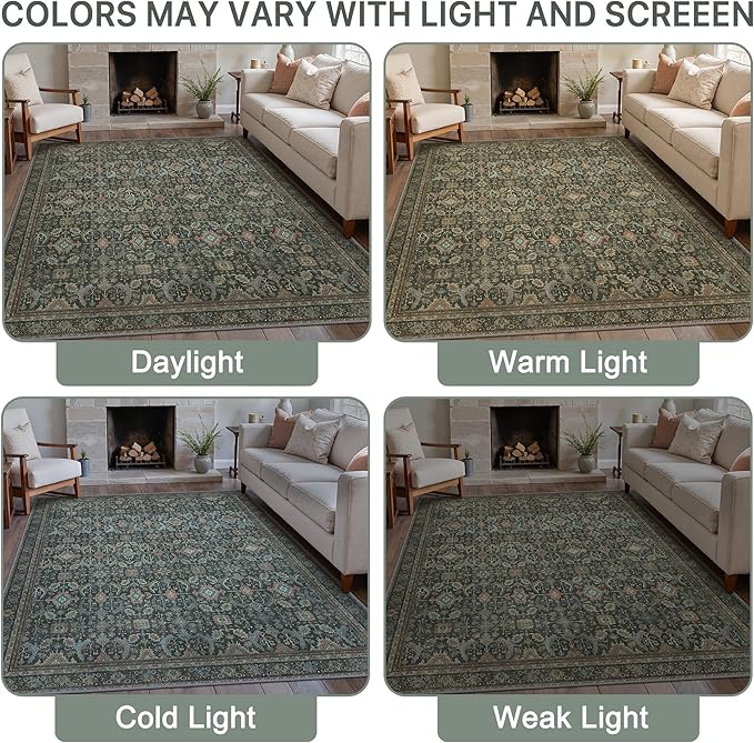 10X14 Area Rugs Machine Washable Rugs for Living Room, Vintage Boho Large Rugs for Bedroom Dining Room, Non Slip Indoor Soft Distressed Lightweight Thin Low Pile Carpet, Black