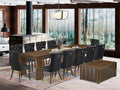 X12DA-0C8-12 14-Pc Mid Century Dining Set includes an Extendable Rectangle Kitchen Table, 1 Coffee Table and 12 Polyester Fabric Dining Chairs, 39x120 Inch, Antique Walnut