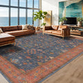 Washable Navy Blue Living Room Rug, 7x10 Area Rug for Bedroom, Dining Table Rugs - Low Pile Non-Slip Rubber Backing Stain Resistant Rug - Aethestic Boho Home Decor