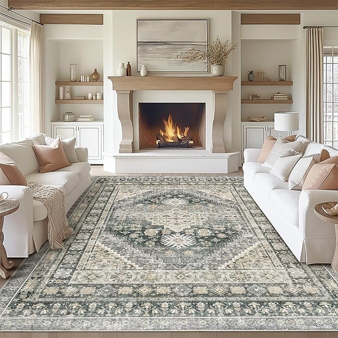 zesthome 8x10 Area Rugs for Living Room,Non-Slip Backing Washable Rugs,Vintage Large Area Rug，Stain Resistant Home Decor Rug (Wheat/Charcoal,8'x10')