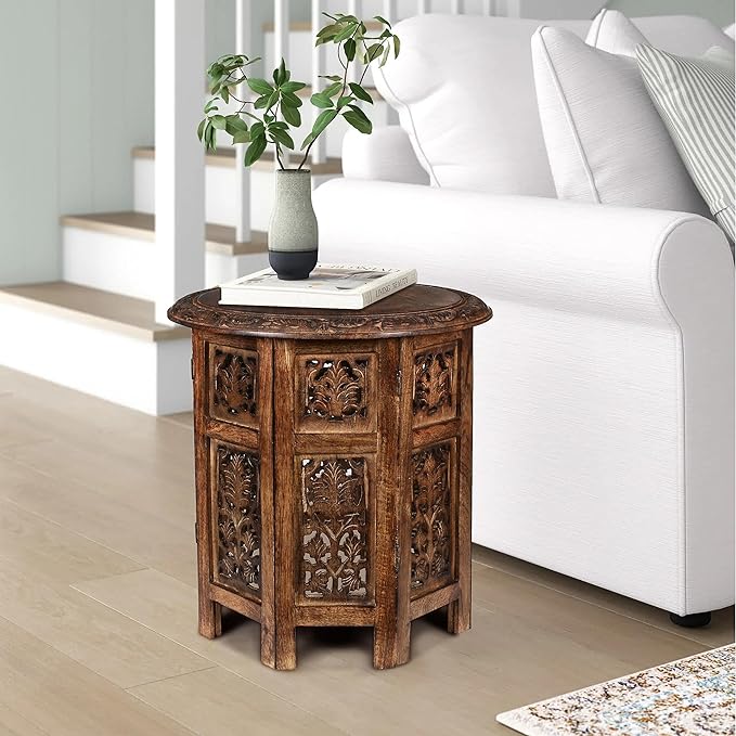 Lightnpro Handcrafted Wooden Round Accent Table - Vintage Farmhouse Octagonal Side End Table with Intricate Carvings for Living Room, Bedroom, Entryway - 18x18 Inch - Burnt