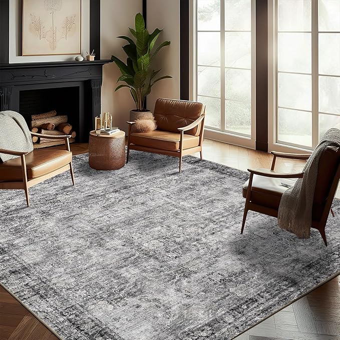 Washable Area Rug 8'x10' Retro Boho Design Non-Shedding Non-Slip Easy Care Ideal for High Traffic Areas in Living Room Bedroom Office Coffee Table Kitchen Large Carpet