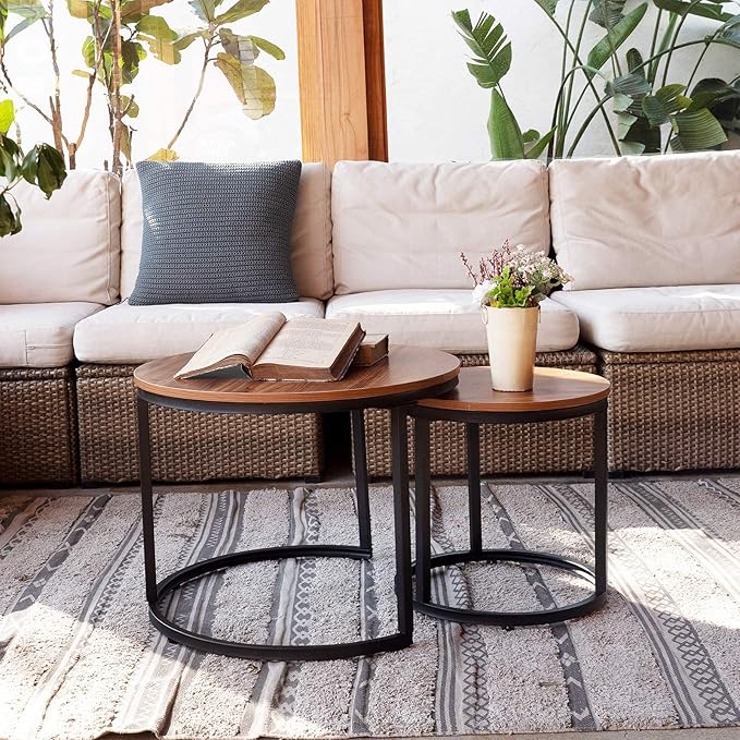 aboxoo Coffee Table Nesting Side Round Set of 2 End Table Top Sturdy Metal Frame Desk Centerpiece Living Room Bedroom Apartment Modern Industrial Simple Nightstand