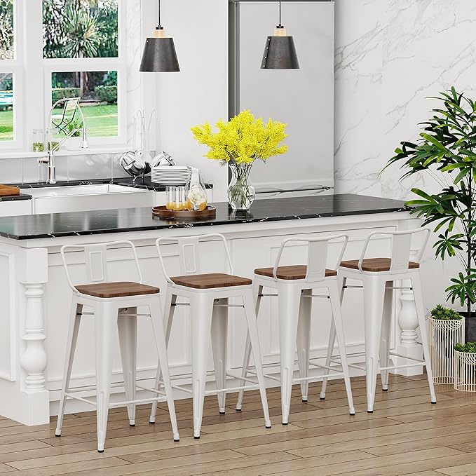 Yongchuang 24 inch Barstools Set of 4 Counter Height Bar Stools Farmhouse Kitchen Metal Bar Chairs with Wood Seat Low Back Cream White