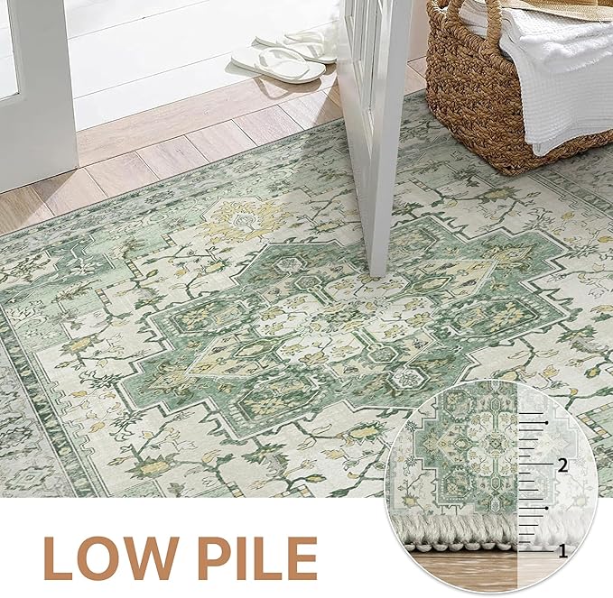 GENIMO 7'6''x9'6'' Area Rugs for Living Room, Machine Washable Non Slip Vintage Rugs, Low Pile Lightweight Chenille Print Rug for Bedroom, Dining Room, Home Office, Green