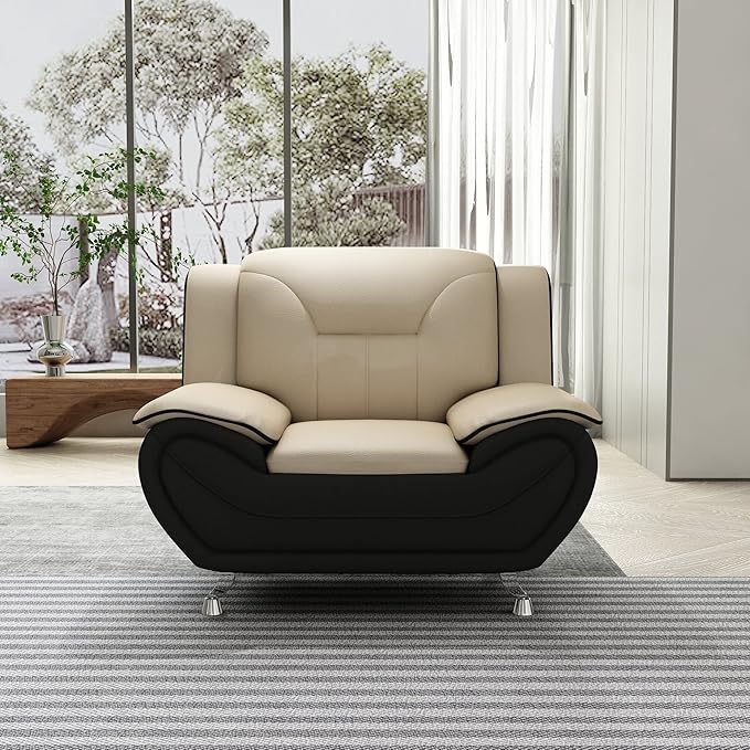 Container Furniture Direct Michael Modern Faux Leather Upholstered Stainless Steel Legs Living Room, Chair, Black Camel