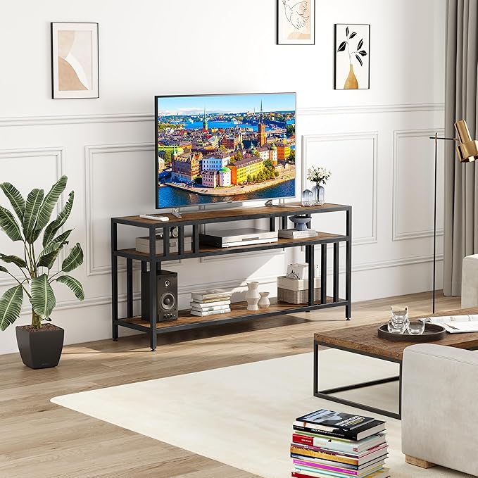 Garvee 58" TV Stand for Television up to 65 Inch, Entertainment Center with 3-Tier Open Shelves, TV Media Console Table Quadruple-Tube Support for Living Room, Entryway, Rustic Brown
