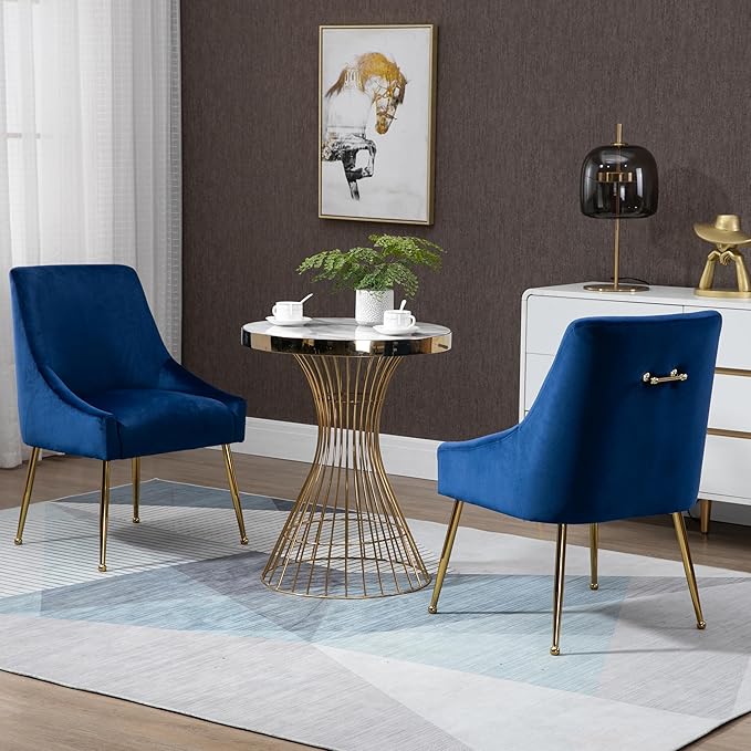 Modern Velvet Dining Chairs Set of 6, Contemporary Upholstered Furniture Collection with Polished Gold Metal Legs, Elegant Accent Chairs for Kitchen Living Room(Blue)