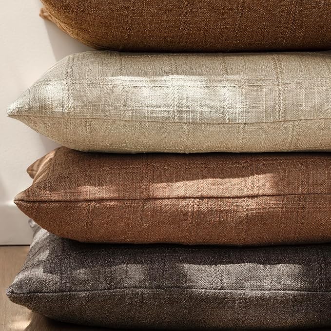 Foindtower Set of 2 Decorative Linen Check Throw Pillow Covers Neutral Farmhouse Vintage Cushion Covers Modern Boho Home Decor for Sofa Chair Couch Bedroom Living Room Outdoor,24×24 Inch,Dark Brown