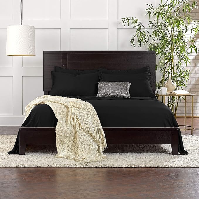 Full Sheets by Pure Bamboo, Genuine 100% Organic Viscose Derived from Bamboo Bed Sheet Set, Luxuriously Soft & Cooling, Double Stitching, Lifetime Quality Promise (Full, Black)