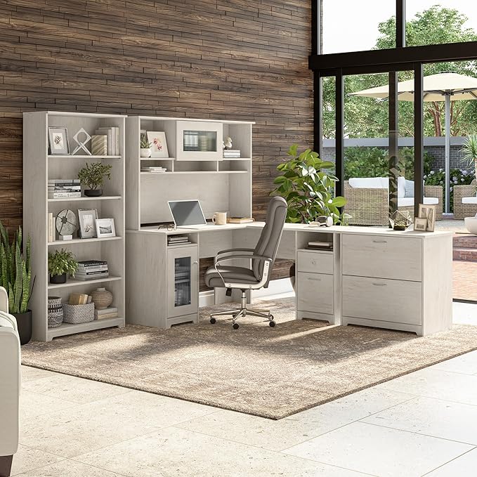 Bush Furniture Cabot 60W L Shaped Computer Desk in Linen White Oak