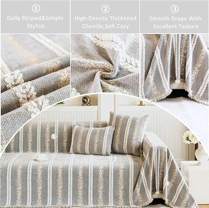 Couch Cover for Dogs Washable Sofa Cover, Sectional Couch Covers, Sofa Covers for 2 Cushion Couch, Non Slip Stripe Sofa Slipcovers Furniture Protector, Couch Protector from Cat Claws, Light,75''x134''