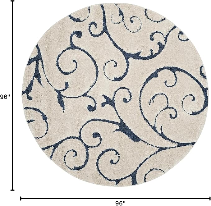 SAFAVIEH Florida Shag Collection Area Rug - 8' Round, Cream & Blue, Scroll Design, Non-Shedding & Easy Care, 1.2-inch Thick Ideal for High Traffic Areas in Living Room, Bedroom (SG455-1165)