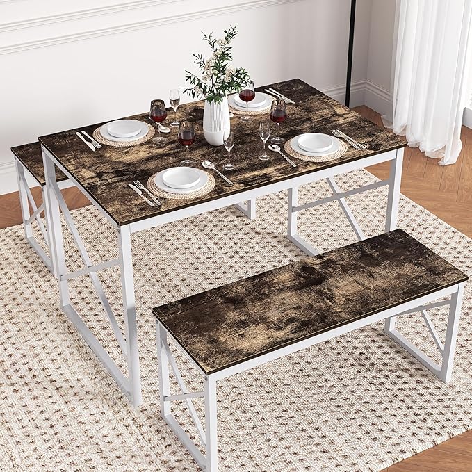 VECELO Kitchen Table with 2 Benches for 4, 43.3'' Wood Dining Room Dinette Sets with Metal Frame for Breakfast Nook and Small Space, Dark Brown