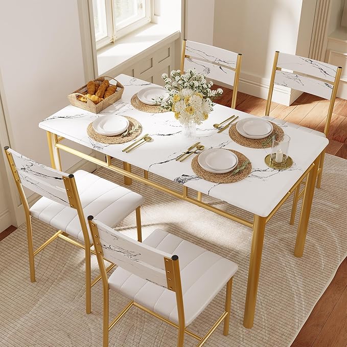 IRONCK Dining Table Set for 4, Wood Kitchen Table with Upholstered Chairs for Kitchen & Dining Room, Compact Dining Set for Small Spaces, White & Gold