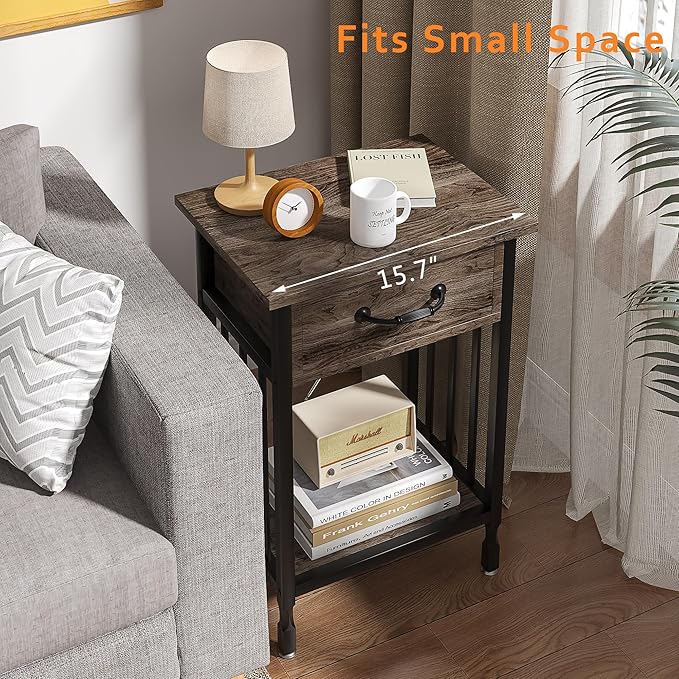 VECELO Nightstands, Industrial Side Table/End Tables with Drawer and Storage Shelf, Night Stands for Bedroom, Living Room, Wood Metal Furniture, Easy Assembly