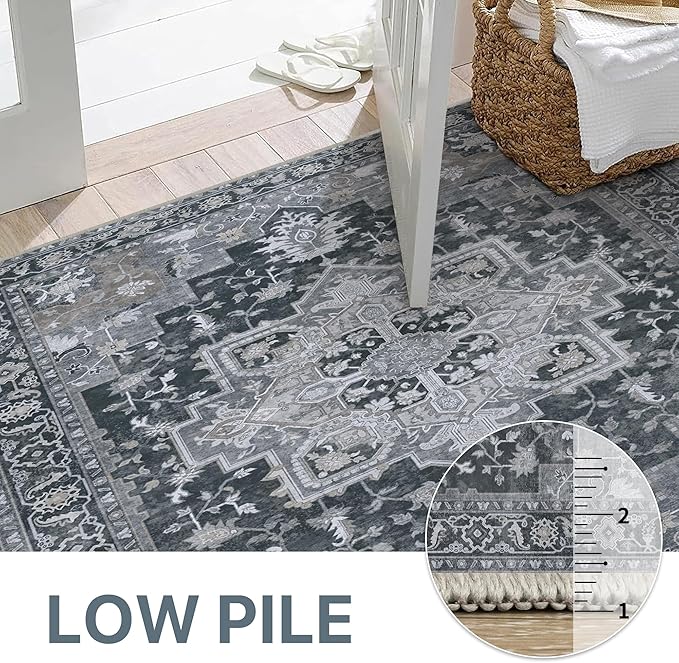 GENIMO 7'6''x9'6'' Area Rugs for Living Room, Machine Washable Non Slip Vintage Rugs, Low Pile Lightweight Chenille Print Rug for Bedroom, Dining Room, Home Office,Dark Gray