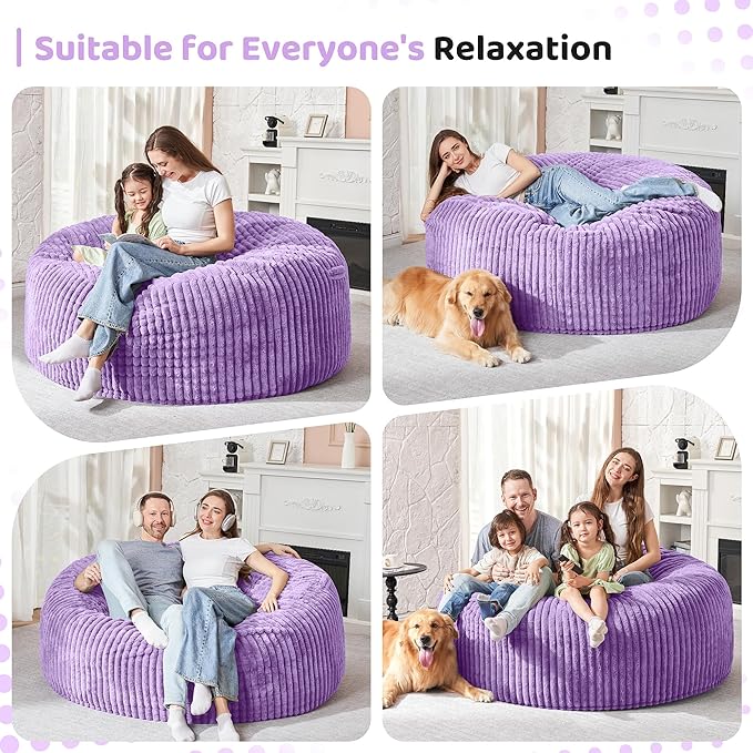 HABUTWAY 4FT Bean Bag Chair, 4' Large Bean Bag Chairs for Adults with Removable Stripe Plush Cover, Memory Foam Beanbag Chair for Living Room Bedroom Dorm (Purple)