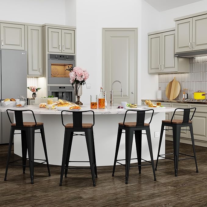 Yongchuang 26 inch Bar Stools Set of 4 Kitchen Counter Height Barstools with Wood Seat Metal Low Back Bar Chairs Matte Black
