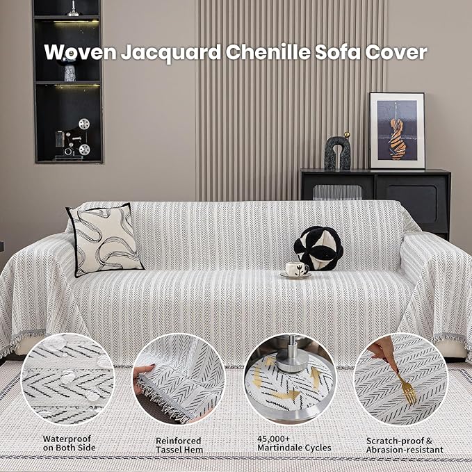 Nobildonna Sofa Cover Washable Soft Thicken Chenille Couch Cover with Tassel,Waterproof Sofa Slipcover for 3-4 Cushion Couch,Sectional Sofa,L-Shaped Furniture Protector Pet-Friendly,Beige 91"x150"