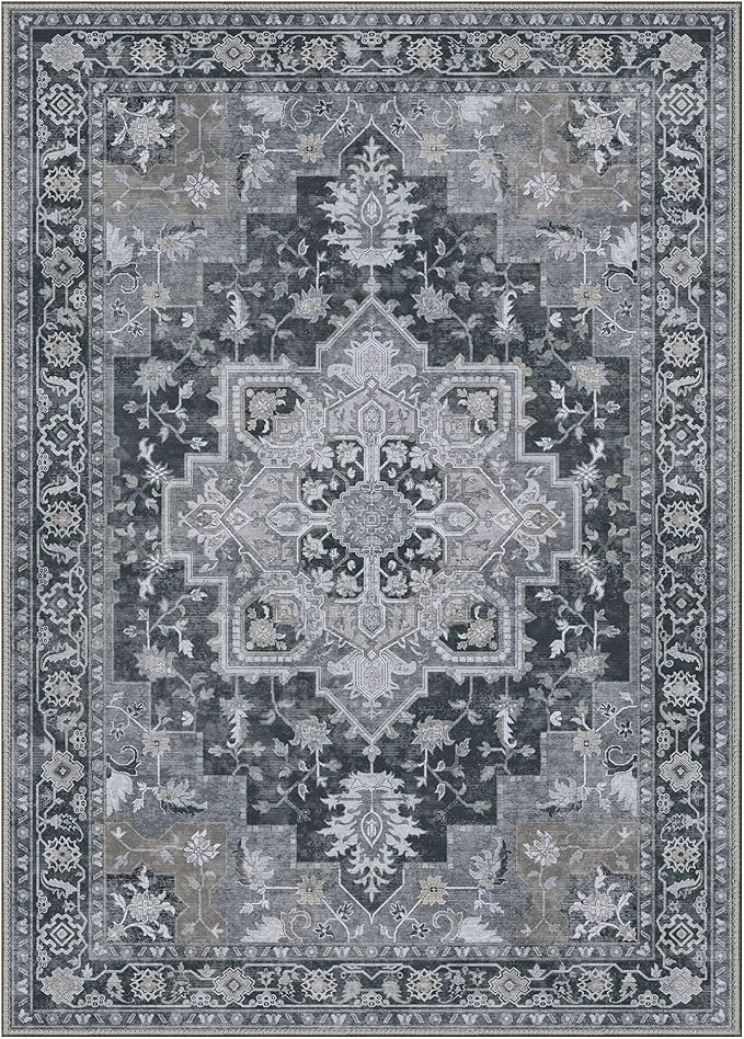 GENIMO 5x7 Area Rugs for Living Room, Machine Washable Non Slip Vintage Rugs, Low Pile Lightweight Chenille Print Rug for Bedroom, Dining Room, Home Office,Dark Gray