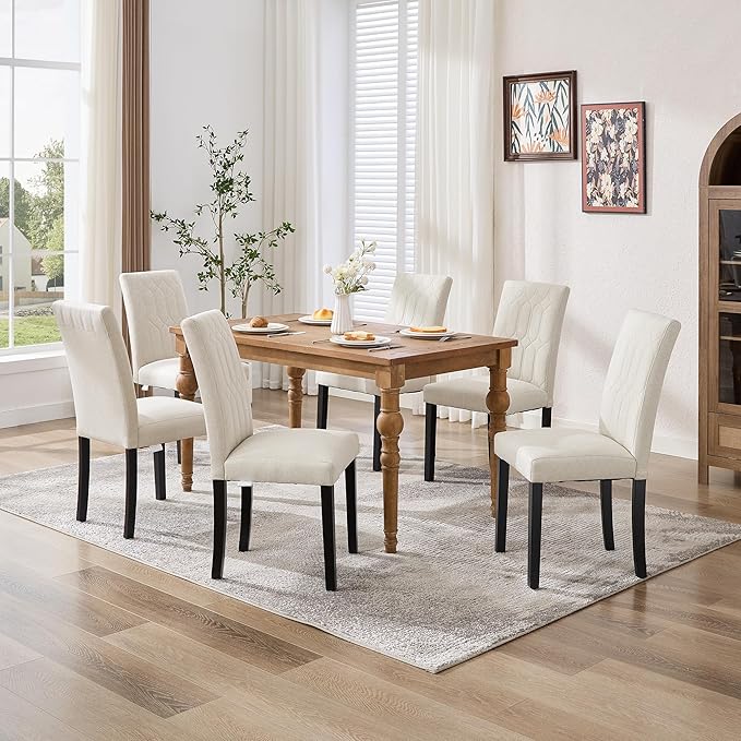 VECELO Upholstered Dining Chairs Set of 2, Modern Accent Parsons with Comfort Seat, Solid Wood Legs w/Rubber Footpads, for Living Room Kitchen, Beige