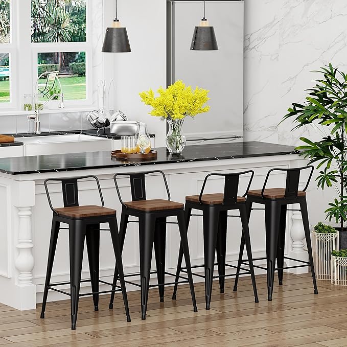 Yongchuang 26 inch Bar Stools Set of 4 Kitchen Counter Height Barstools with Wood Seat Metal Low Back Bar Chairs Matte Black