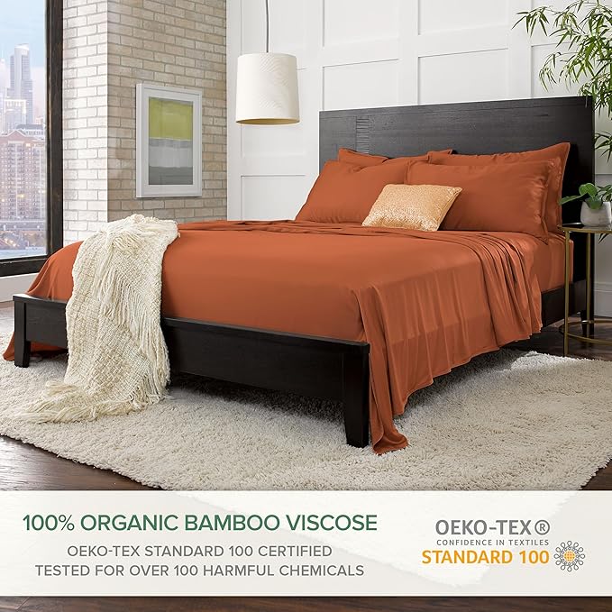 Twin Sheets by Pure Bamboo, Genuine 100% Organic Viscose Derived from Bamboo Bed Sheet Set, Luxuriously Soft & Cooling, Double Stitching, Lifetime Quality Promise (Twin, Terracotta)