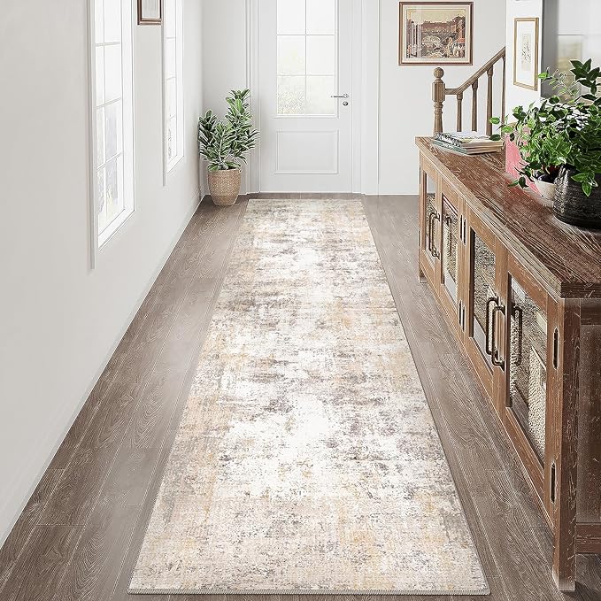 2x10 Washable Runner Rug Beige Grey Neutral Abstract Hallway Kitchen Living Room Bedroom Non Slip Throw Rug Soft Low Pile Indoor Carpet for Entrance Laundry Bathroom
