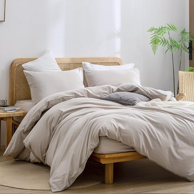 BESTOUCH Duvet Cover Set 100% Washed Cotton Linen Feel Super Soft Comfortable Chic Lightweight 3 PCs Home Bedding Set Solid Linen Grey Oversized Queen