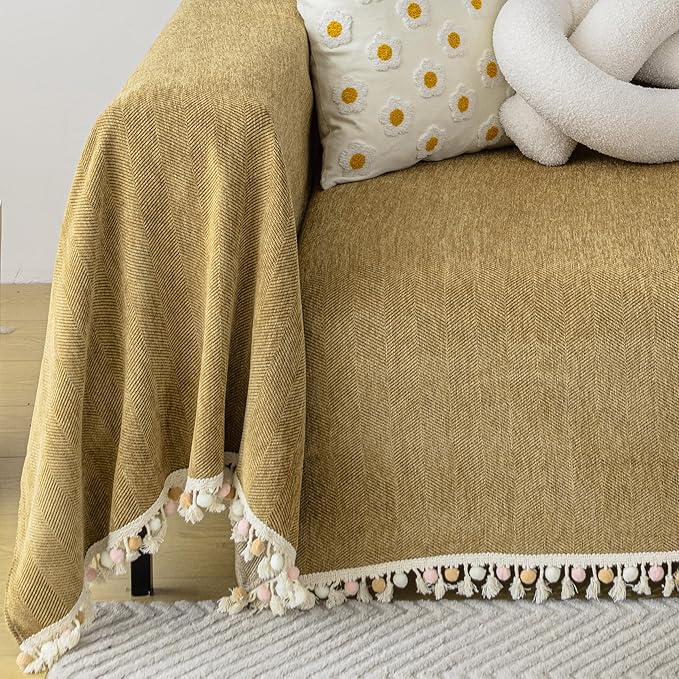 HANDONTIME Couch Covers for Pets Boho Mustard Yellow Love Seat Couch Covers Brown Sofa Cover for Dogs Pet Couch Protector Chenille Tassel Sofa Slipcovers Sofa Throw Cover Boho Decor for Living Room