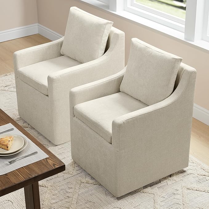 Upholstered Dining Chairs with Casters Washable Cover Side Deskchair with Rollers for Diningroom, Living Room, Cream Beige, 1 Box