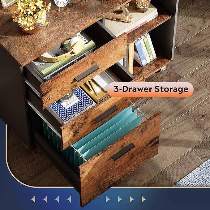 DEVAISE 3 Drawer Mobile File Cabinet, Wood Lateral Filing Cabinet, Printer Stand with Open Shelves for Home Office, Rustic Brown