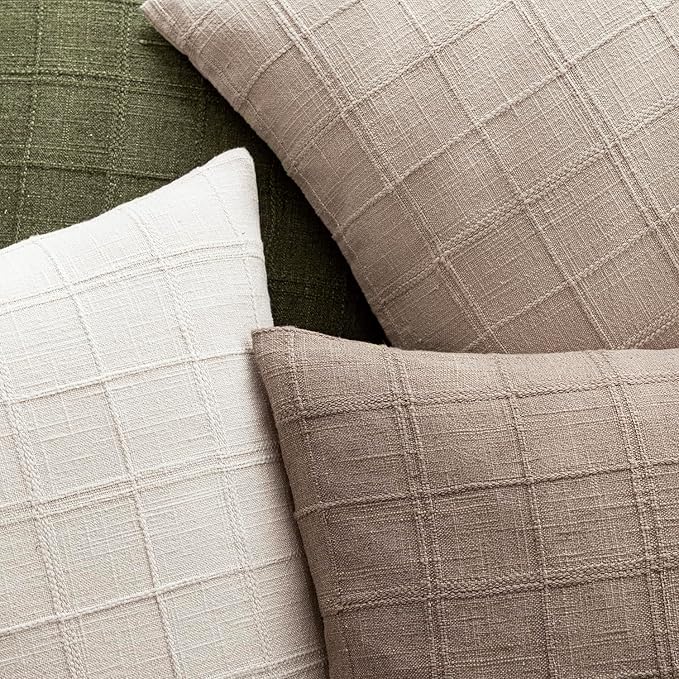 Foindtower Set of 2 Decorative Linen Check Throw Pillow Covers Neutral Farmhouse Vintage Cushion Covers Modern Boho Home Decor for Sofa Chair Couch Bedroom Living Room Outdoor,26×26 Inch,Tan Taupe
