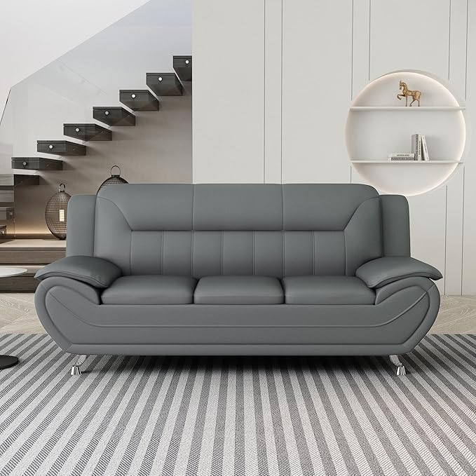 Container Furniture Direct Michael Modern Faux Leather Upholstered Stainless Steel Legs Living Room Sofa, Gray