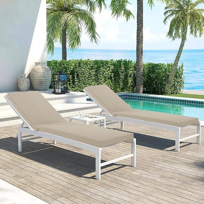 Chaise Lounge Cushions Outdoor Set of 2 - Waterproof and Fade Resistant Sun Lounger Replacement Cushion - Patio Lounger Pads with Removable Cover for Pool, Deck, Lawn, 80 x 26 x 3 Inch, Cream