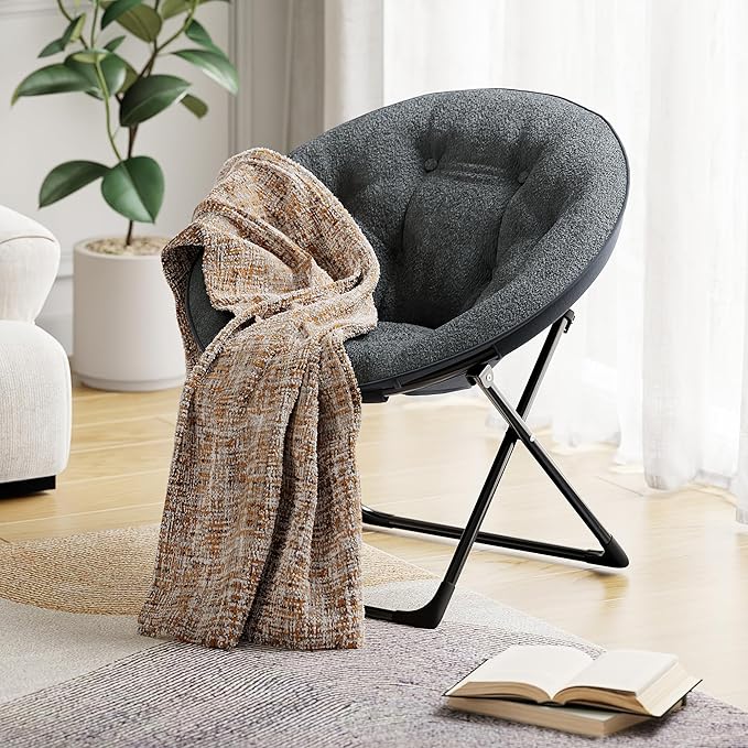 Saucer Chair with Faux Fur Cover - Foldable Moon Chair for Teens & Adults, Large Circle Seat Perfect for Bedroom, Living Room & Playroom, Soft Gaming Chair for Compact Spaces, Gray