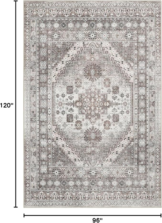 zesthome 8x10 Area Rugs for Living Room,Non-Slip Backing Washable Rugs,Vintage Large Area Rug，Stain Resistant Home Decor Rug (Brown/Beige,8'x10')