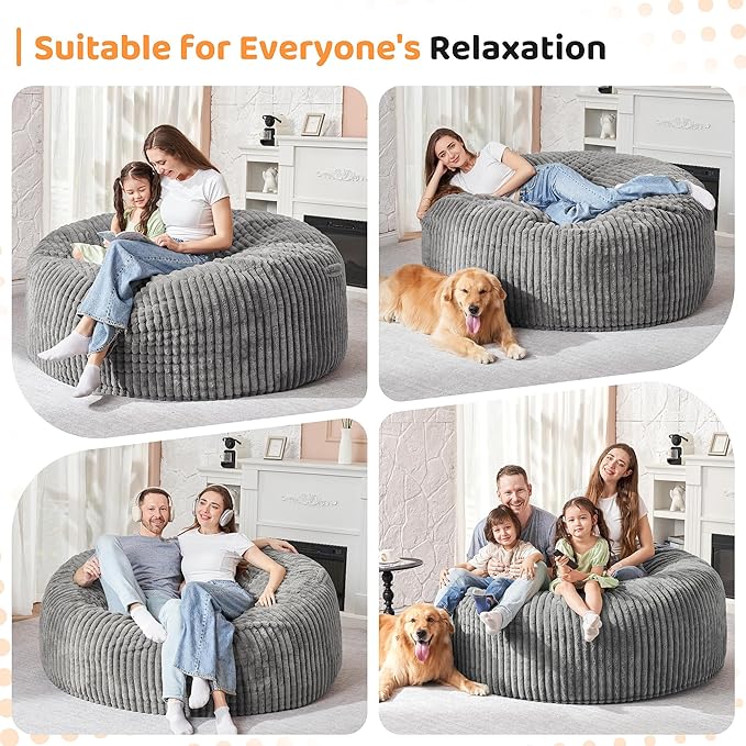 HABUTWAY 4FT Bean Bag Chair, 4' Large Bean Bag Chairs for Adults with Removable Stripe Plush Cover, Memory Foam Beanbag Chair for Living Room Bedroom Dorm (Grey)