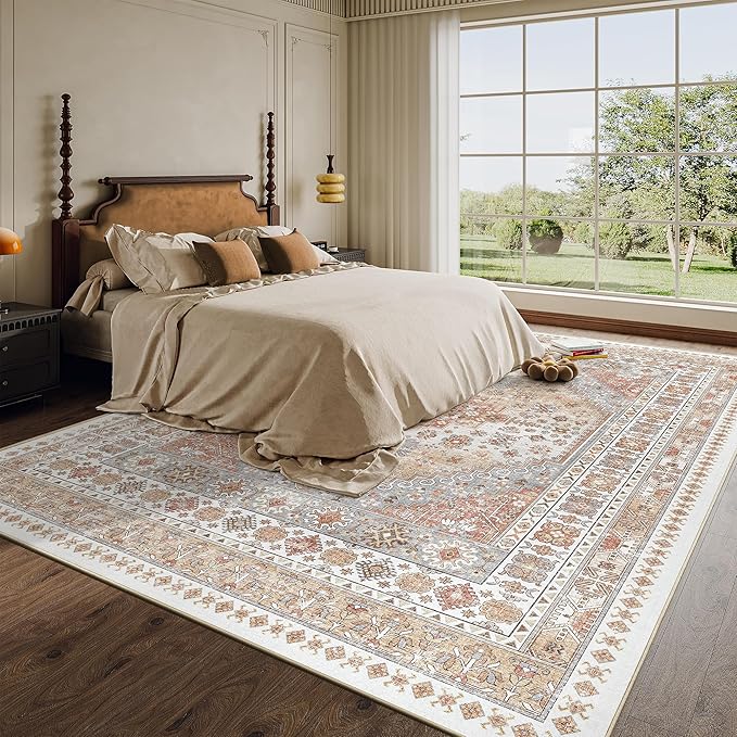 zesthome 8x10 Area Rugs for Living Room,Non-Slip Backing Washable Rugs,Vintage Large Area Rug，Stain Resistant Home Decor Rug (Orange,8'x10')