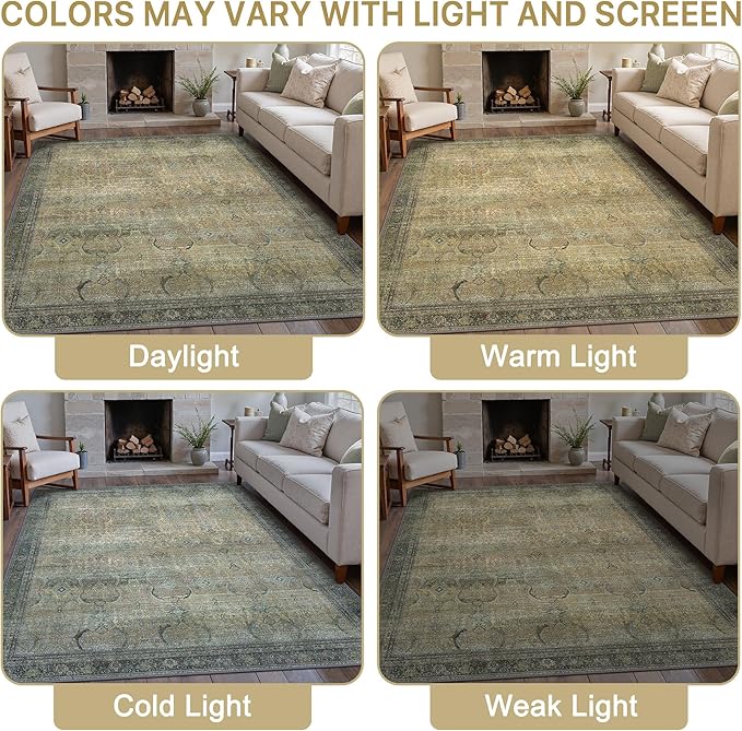 10X14 Area Rugs Machine Washable Rugs for Living Room, Vintage Boho Large Rugs for Bedroom Dining Room, Non Slip Indoor Soft Distressed Lightweight Thin Low Pile Carpet, Vintage Sunset