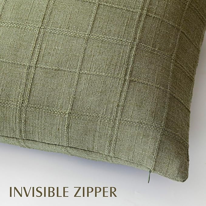 Foindtower Set of 2 Decorative Linen Check Throw Pillow Covers Neutral Farmhouse Vintage Cushion Covers Modern Boho Home Decor for Sofa Chair Couch Bedroom Living Room Outdoor,20×20 Inch,Sage Green