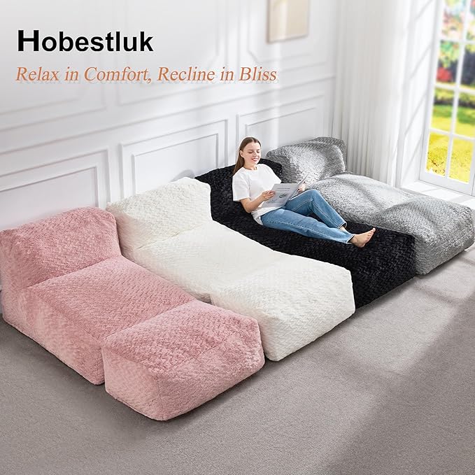 Hobestluk Bean Bag Chair Big Bean Bag Lounger for Adults Bean Bag Couch with Memory Foam Filled for Living Room, Bedroom or Balcony (Chevron Plush White)