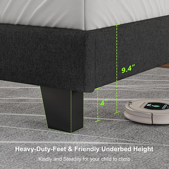 Feonase King Size Platform Bed Frame, Upholstered Bed with Button Tufted Headboard, Heavy Duty Wooden Slats & Thickened Feet, No Box Spring Needed, Noise-Free, Easy Assembly, Dark Grey