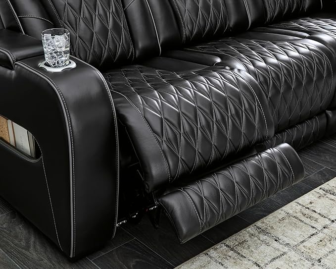 Signature Design by Ashley Boyington Modern Leather Match Power Reclining Loveseat with Console, Adjustable Headrest, Massage, Heated Seat and LED Lights, Black