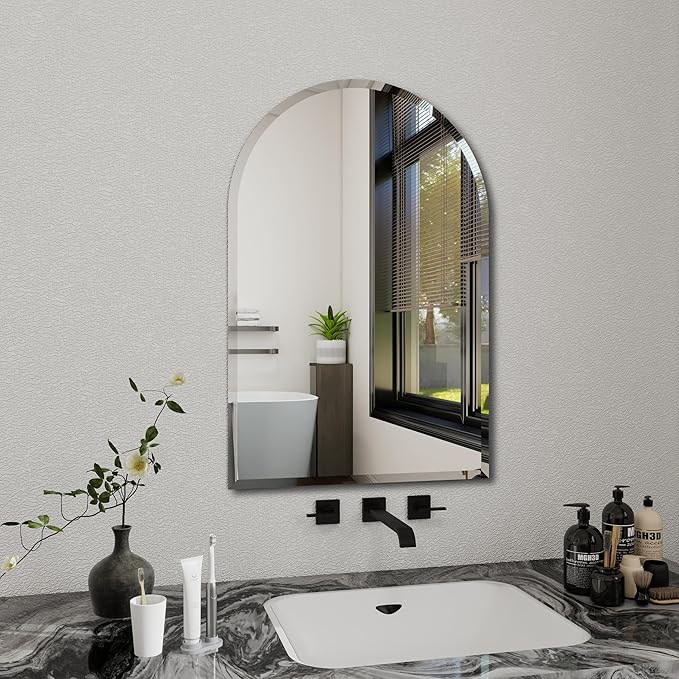 Arched Bathroom Mirror, 32X40 inch Arched Frameless Mirror, Arch Wall Mirror，Frameless Mirrors for Bathroom,Beveled Bathroom Mirror.