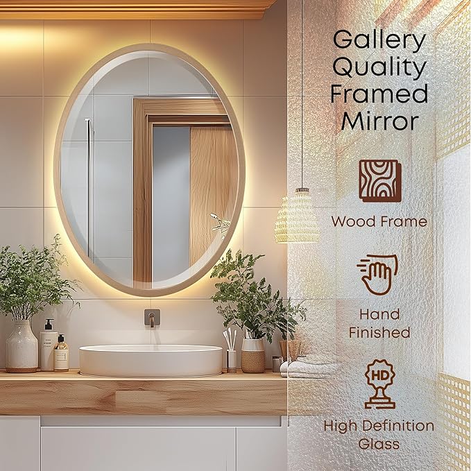 OVALCREST - Oval Wooden Beveled Wall Mirror for Home Decor, Bathroom, Vanity, Bedroom, Living Room, Hallway - London Style (Gold Spray) 21.1 x 31.1