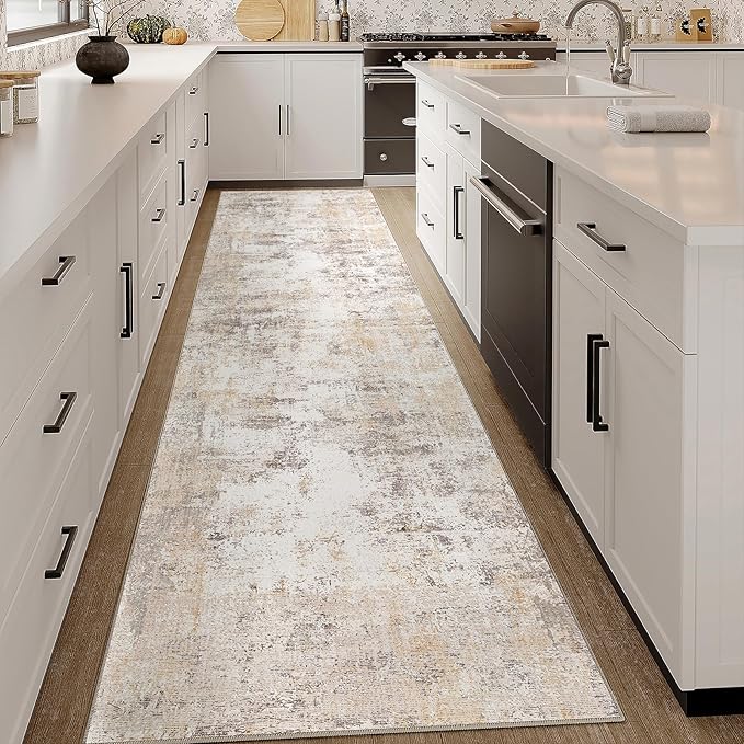 3x7 Washable Runner Rug Beige Grey Neutral Abstract Hallway Kitchen Living Room Bedroom Non Slip Throw Rug Soft Low Pile Indoor Carpet for Entrance Laundry Bathroom